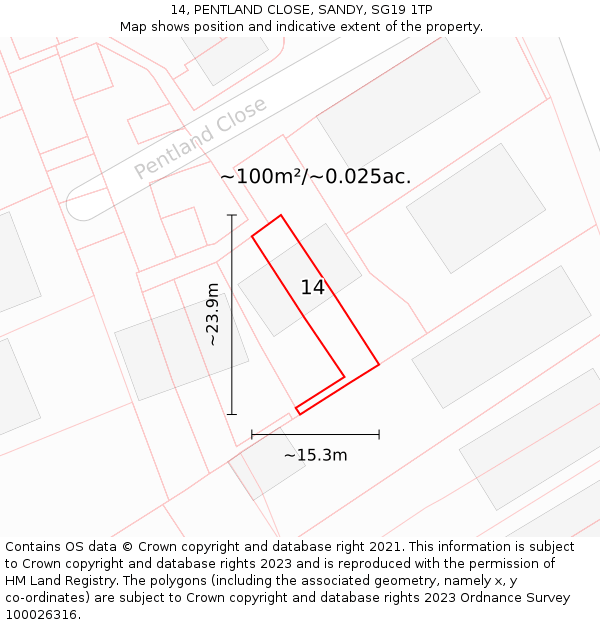 14, PENTLAND CLOSE, SANDY, SG19 1TP: Plot and title map