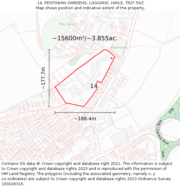 14, PENTOWAN GARDENS, LOGGANS, HAYLE, TR27 5AZ: Plot and title map