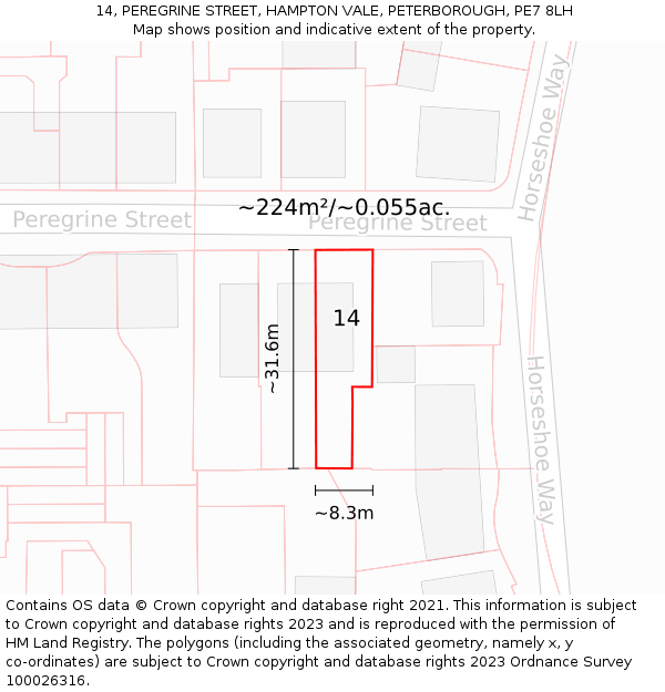 14, PEREGRINE STREET, HAMPTON VALE, PETERBOROUGH, PE7 8LH: Plot and title map