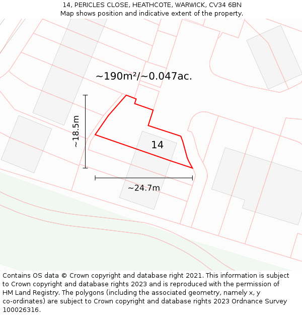 14, PERICLES CLOSE, HEATHCOTE, WARWICK, CV34 6BN: Plot and title map