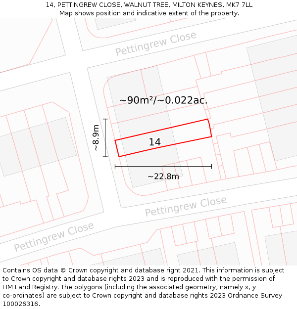 14, PETTINGREW CLOSE, WALNUT TREE, MILTON KEYNES, MK7 7LL: Plot and title map