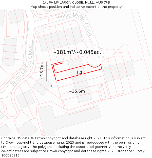 14, PHILIP LARKIN CLOSE, HULL, HU6 7FB: Plot and title map
