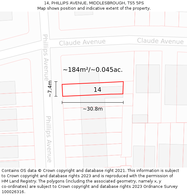 14, PHILLIPS AVENUE, MIDDLESBROUGH, TS5 5PS: Plot and title map