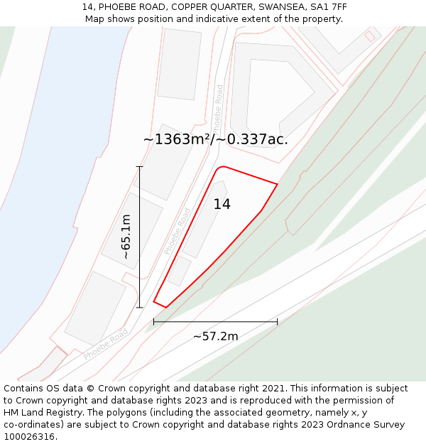 14, PHOEBE ROAD, COPPER QUARTER, SWANSEA, SA1 7FF: Plot and title map