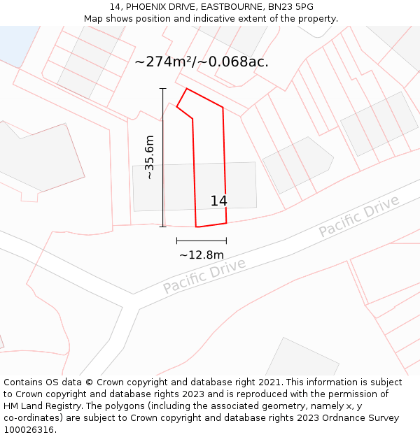 14, PHOENIX DRIVE, EASTBOURNE, BN23 5PG: Plot and title map