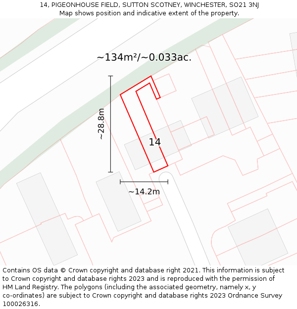 14, PIGEONHOUSE FIELD, SUTTON SCOTNEY, WINCHESTER, SO21 3NJ: Plot and title map