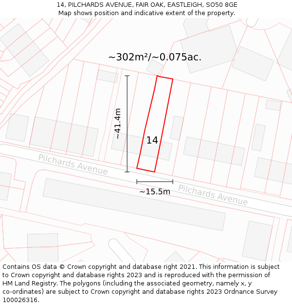 14, PILCHARDS AVENUE, FAIR OAK, EASTLEIGH, SO50 8GE: Plot and title map