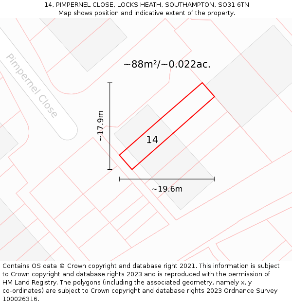 14, PIMPERNEL CLOSE, LOCKS HEATH, SOUTHAMPTON, SO31 6TN: Plot and title map