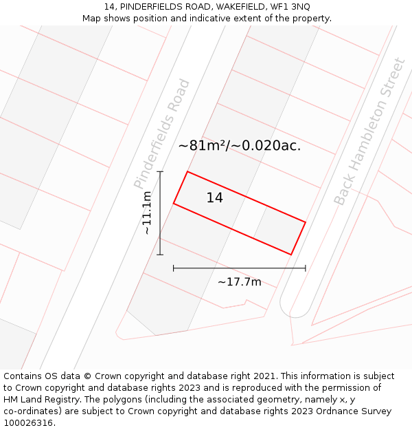 14, PINDERFIELDS ROAD, WAKEFIELD, WF1 3NQ: Plot and title map