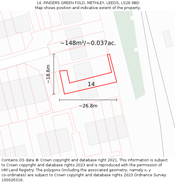 14, PINDERS GREEN FOLD, METHLEY, LEEDS, LS26 9BD: Plot and title map