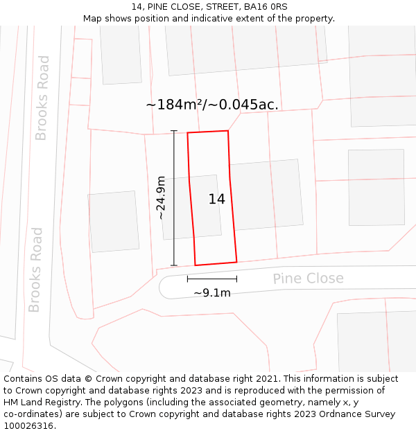 14, PINE CLOSE, STREET, BA16 0RS: Plot and title map