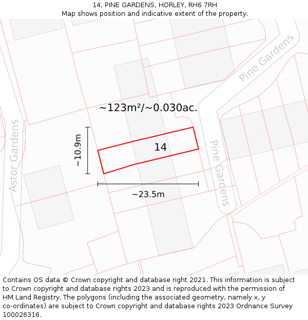 14, PINE GARDENS, HORLEY, RH6 7RH: Plot and title map