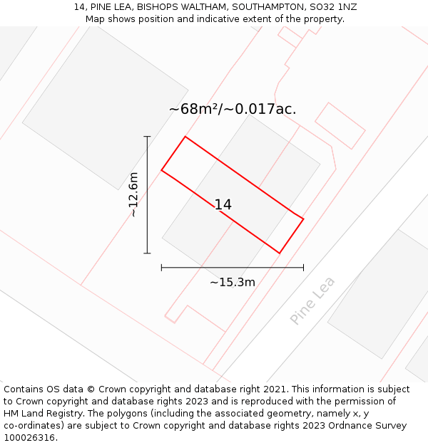 14, PINE LEA, BISHOPS WALTHAM, SOUTHAMPTON, SO32 1NZ: Plot and title map