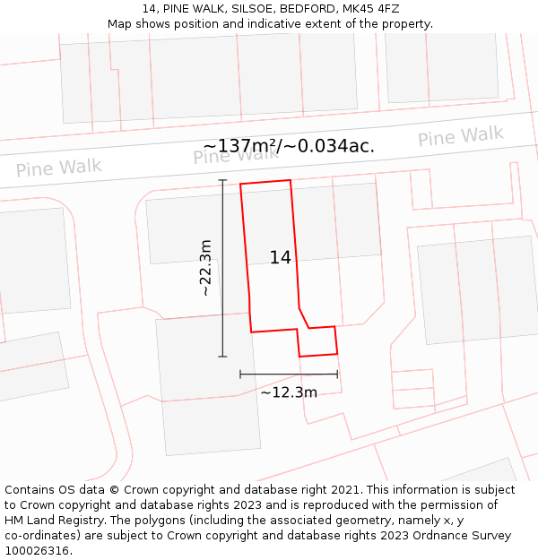 14, PINE WALK, SILSOE, BEDFORD, MK45 4FZ: Plot and title map