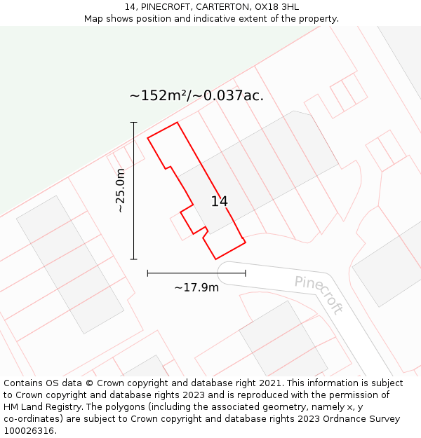 14, PINECROFT, CARTERTON, OX18 3HL: Plot and title map
