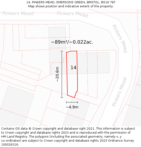 14, PINKERS MEAD, EMERSONS GREEN, BRISTOL, BS16 7EF: Plot and title map