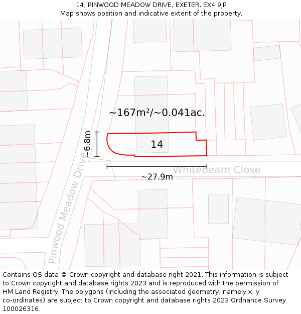 14, PINWOOD MEADOW DRIVE, EXETER, EX4 9JP: Plot and title map
