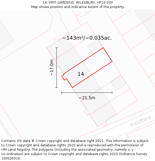 14, PIPIT GARDENS, AYLESBURY, HP19 0GF: Plot and title map