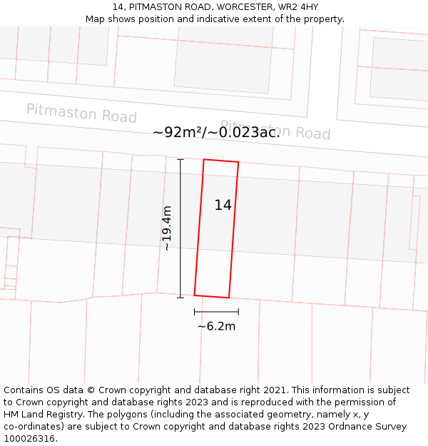 14, PITMASTON ROAD, WORCESTER, WR2 4HY: Plot and title map