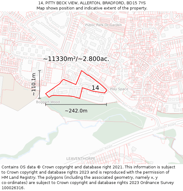 14, PITTY BECK VIEW, ALLERTON, BRADFORD, BD15 7YS: Plot and title map