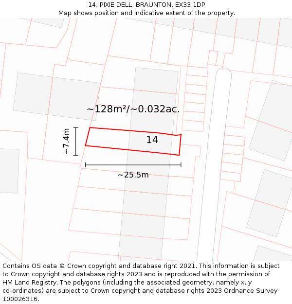14, PIXIE DELL, BRAUNTON, EX33 1DP: Plot and title map