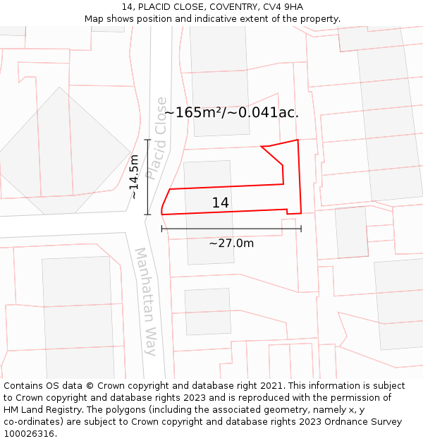 14, PLACID CLOSE, COVENTRY, CV4 9HA: Plot and title map