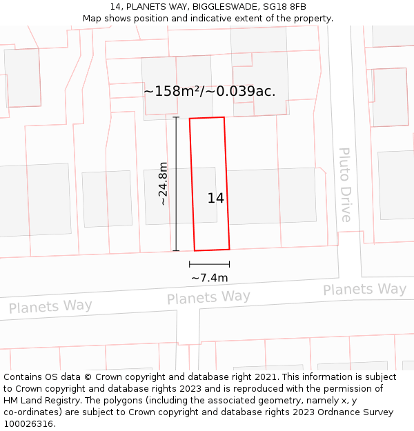14, PLANETS WAY, BIGGLESWADE, SG18 8FB: Plot and title map
