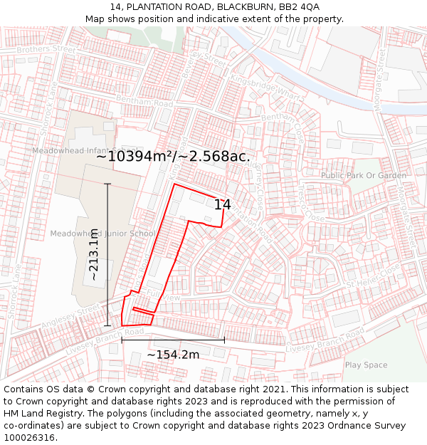 14, PLANTATION ROAD, BLACKBURN, BB2 4QA: Plot and title map