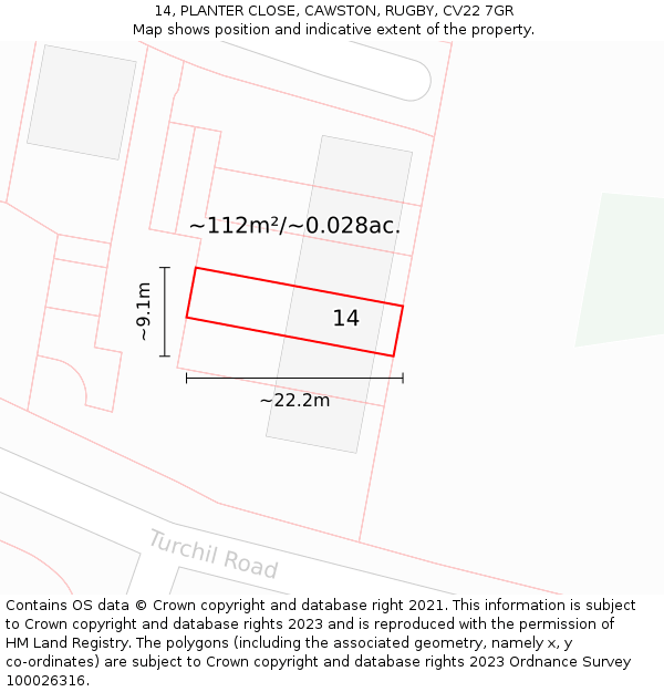 14, PLANTER CLOSE, CAWSTON, RUGBY, CV22 7GR: Plot and title map