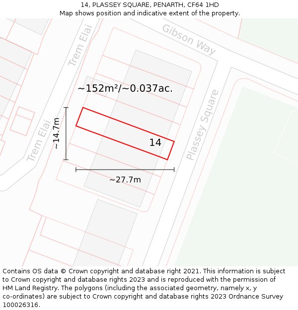 14, PLASSEY SQUARE, PENARTH, CF64 1HD: Plot and title map