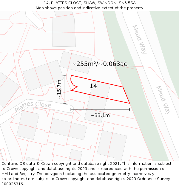 14, PLATTES CLOSE, SHAW, SWINDON, SN5 5SA: Plot and title map