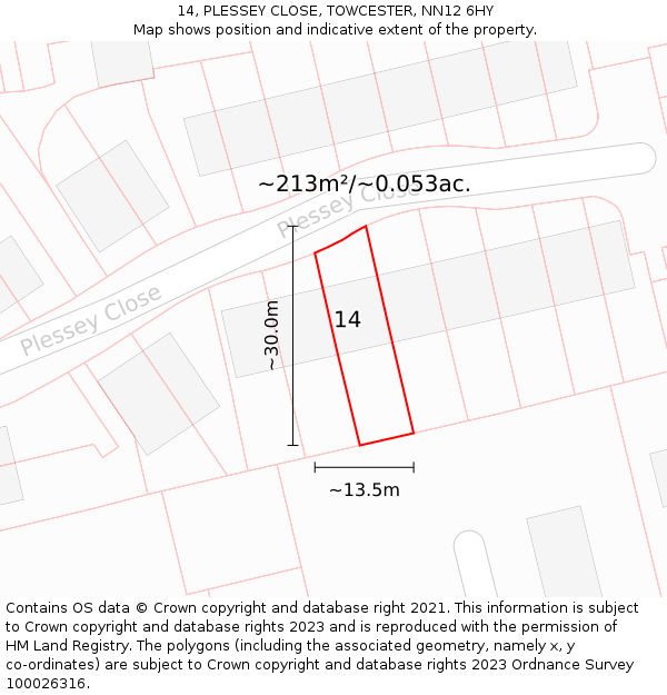 14, PLESSEY CLOSE, TOWCESTER, NN12 6HY: Plot and title map