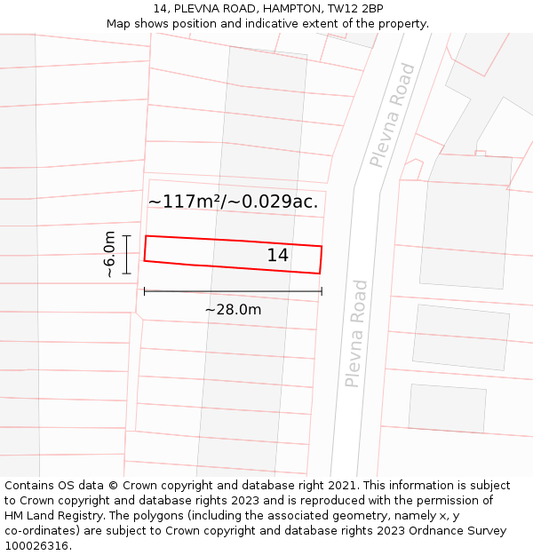 14, PLEVNA ROAD, HAMPTON, TW12 2BP: Plot and title map