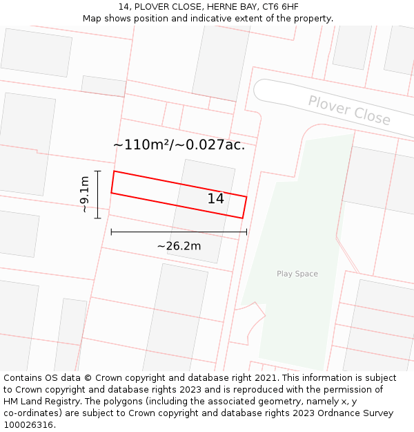 14, PLOVER CLOSE, HERNE BAY, CT6 6HF: Plot and title map