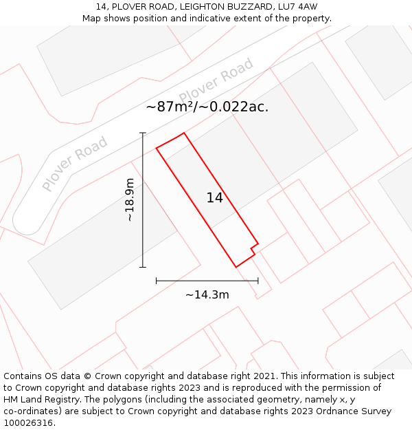 14, PLOVER ROAD, LEIGHTON BUZZARD, LU7 4AW: Plot and title map