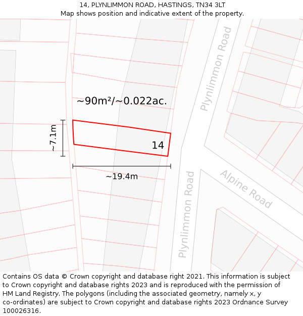 14, PLYNLIMMON ROAD, HASTINGS, TN34 3LT: Plot and title map