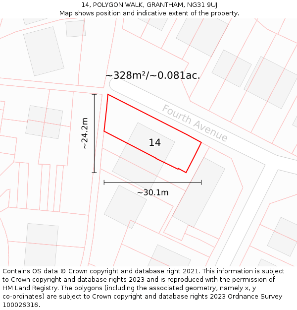 14, POLYGON WALK, GRANTHAM, NG31 9UJ: Plot and title map