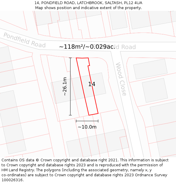 14, PONDFIELD ROAD, LATCHBROOK, SALTASH, PL12 4UA: Plot and title map