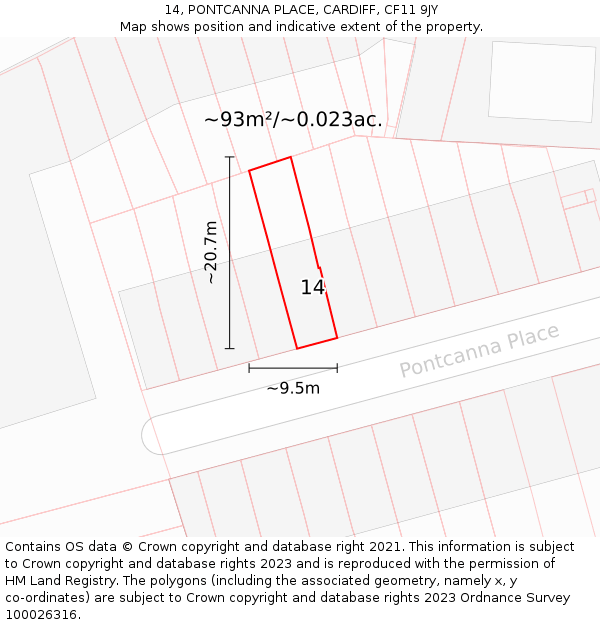 14, PONTCANNA PLACE, CARDIFF, CF11 9JY: Plot and title map
