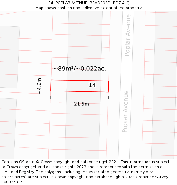 14, POPLAR AVENUE, BRADFORD, BD7 4LQ: Plot and title map