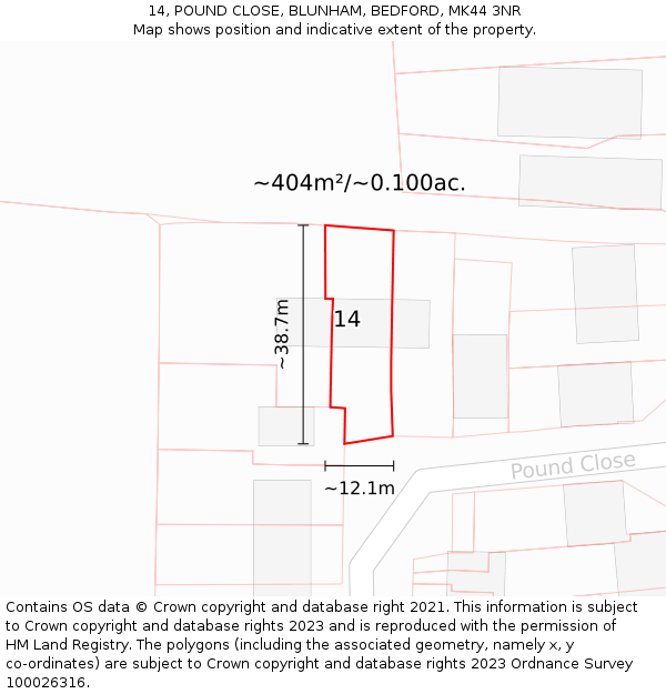 14, POUND CLOSE, BLUNHAM, BEDFORD, MK44 3NR: Plot and title map