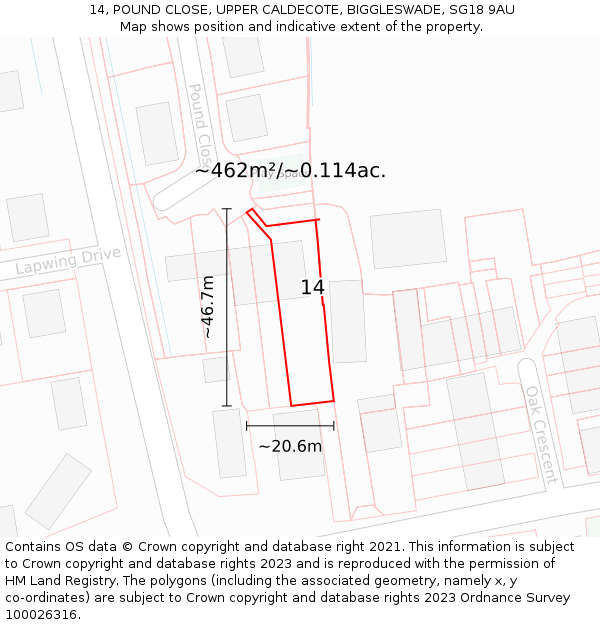 14, POUND CLOSE, UPPER CALDECOTE, BIGGLESWADE, SG18 9AU: Plot and title map
