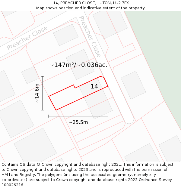 14, PREACHER CLOSE, LUTON, LU2 7FX: Plot and title map