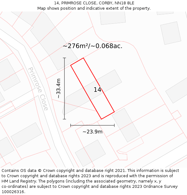 14, PRIMROSE CLOSE, CORBY, NN18 8LE: Plot and title map