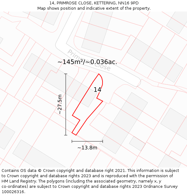 14, PRIMROSE CLOSE, KETTERING, NN16 9PD: Plot and title map