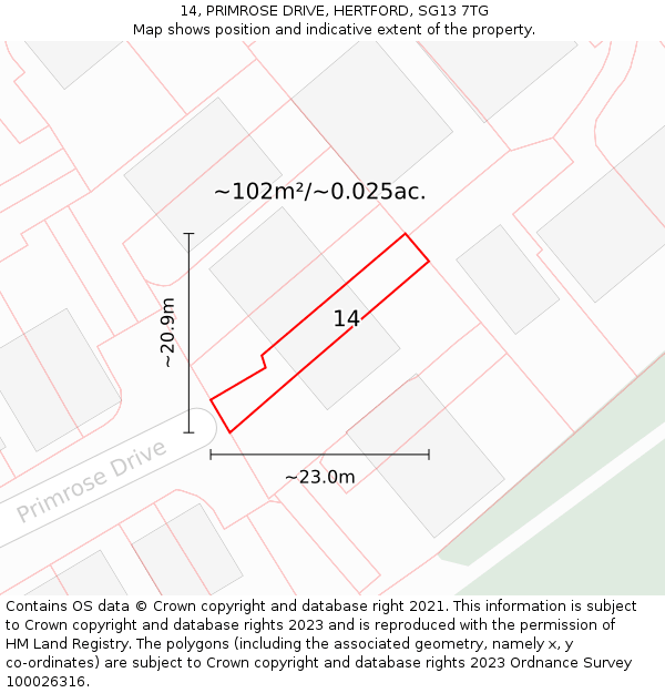 14, PRIMROSE DRIVE, HERTFORD, SG13 7TG: Plot and title map