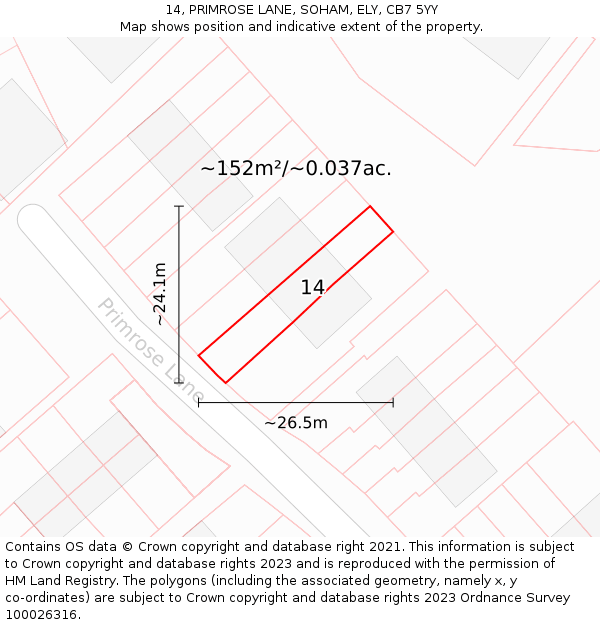 14, PRIMROSE LANE, SOHAM, ELY, CB7 5YY: Plot and title map