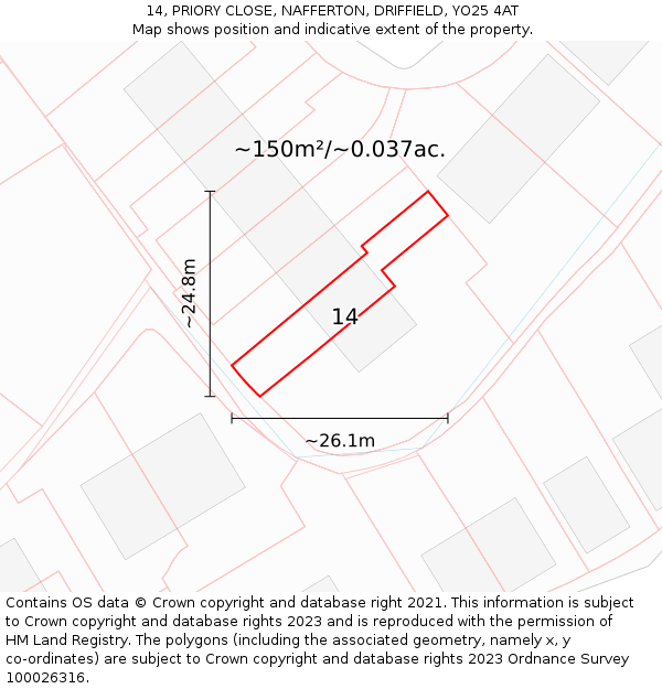 14, PRIORY CLOSE, NAFFERTON, DRIFFIELD, YO25 4AT: Plot and title map