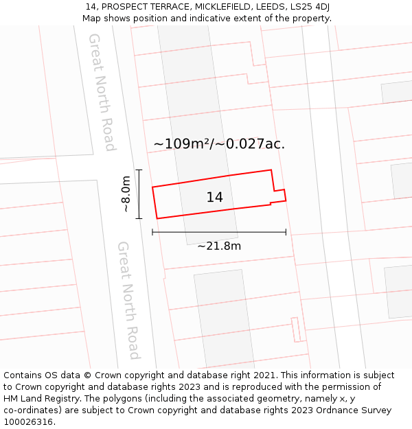 14, PROSPECT TERRACE, MICKLEFIELD, LEEDS, LS25 4DJ: Plot and title map