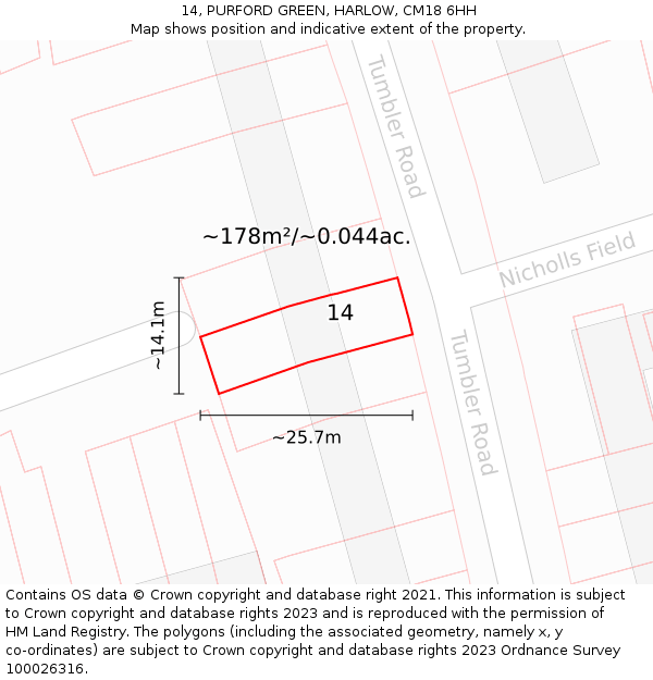 14, PURFORD GREEN, HARLOW, CM18 6HH: Plot and title map